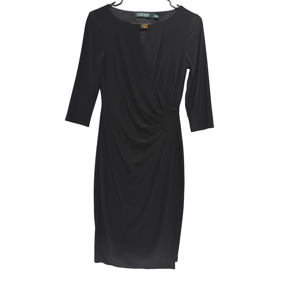 Lauren Ralph Lauren Black Faux Wrap Ruched Dress Gold RL Logo Sz 4 Quiet Luxury